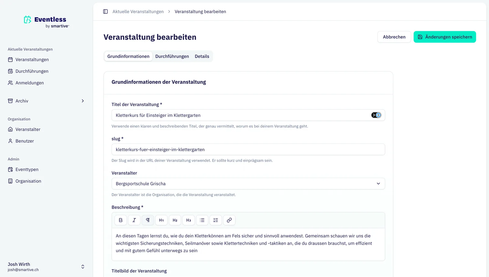 Event-Editor im Eventless Admin