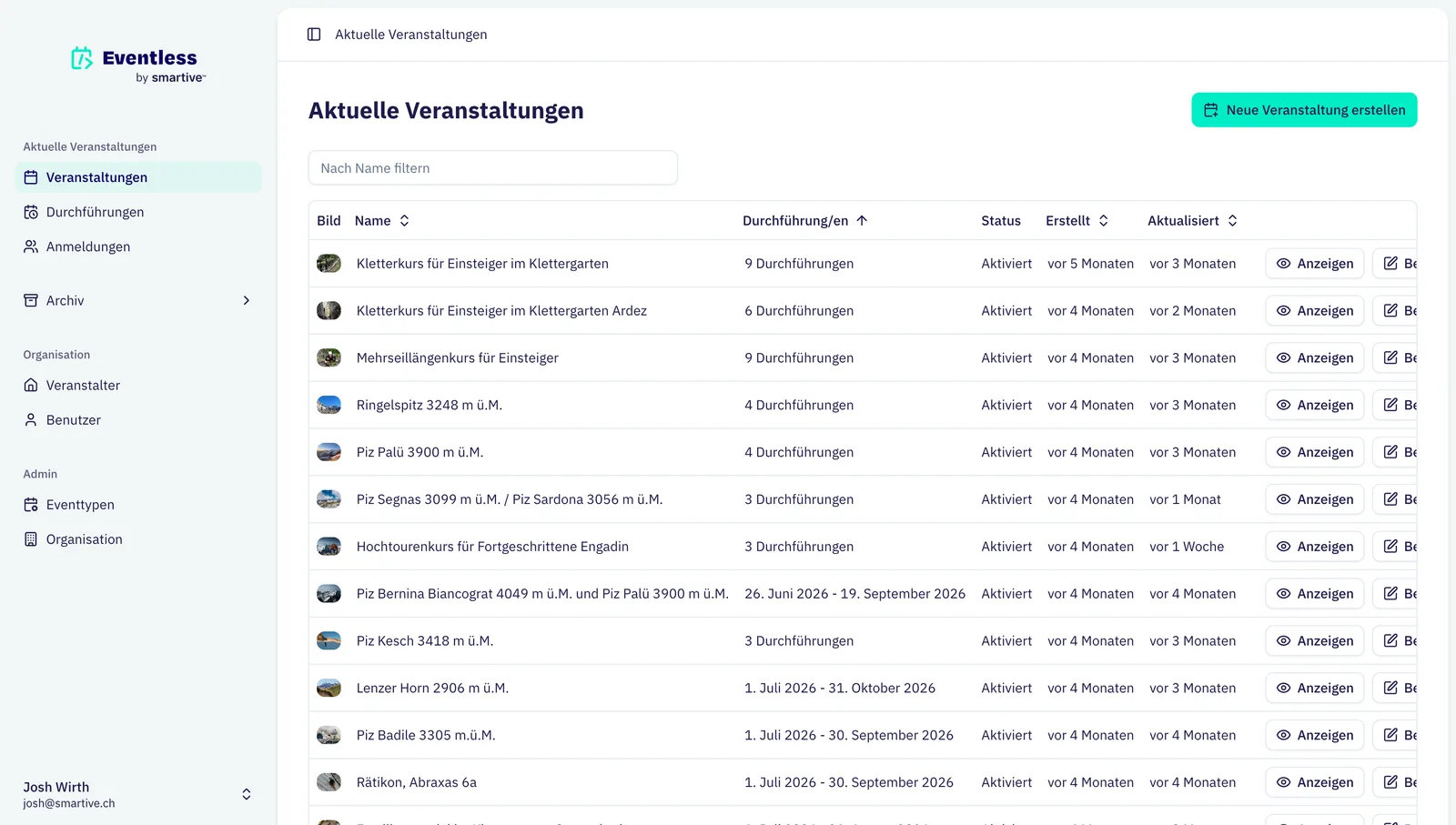 Event-Übersicht im Eventless Admin
