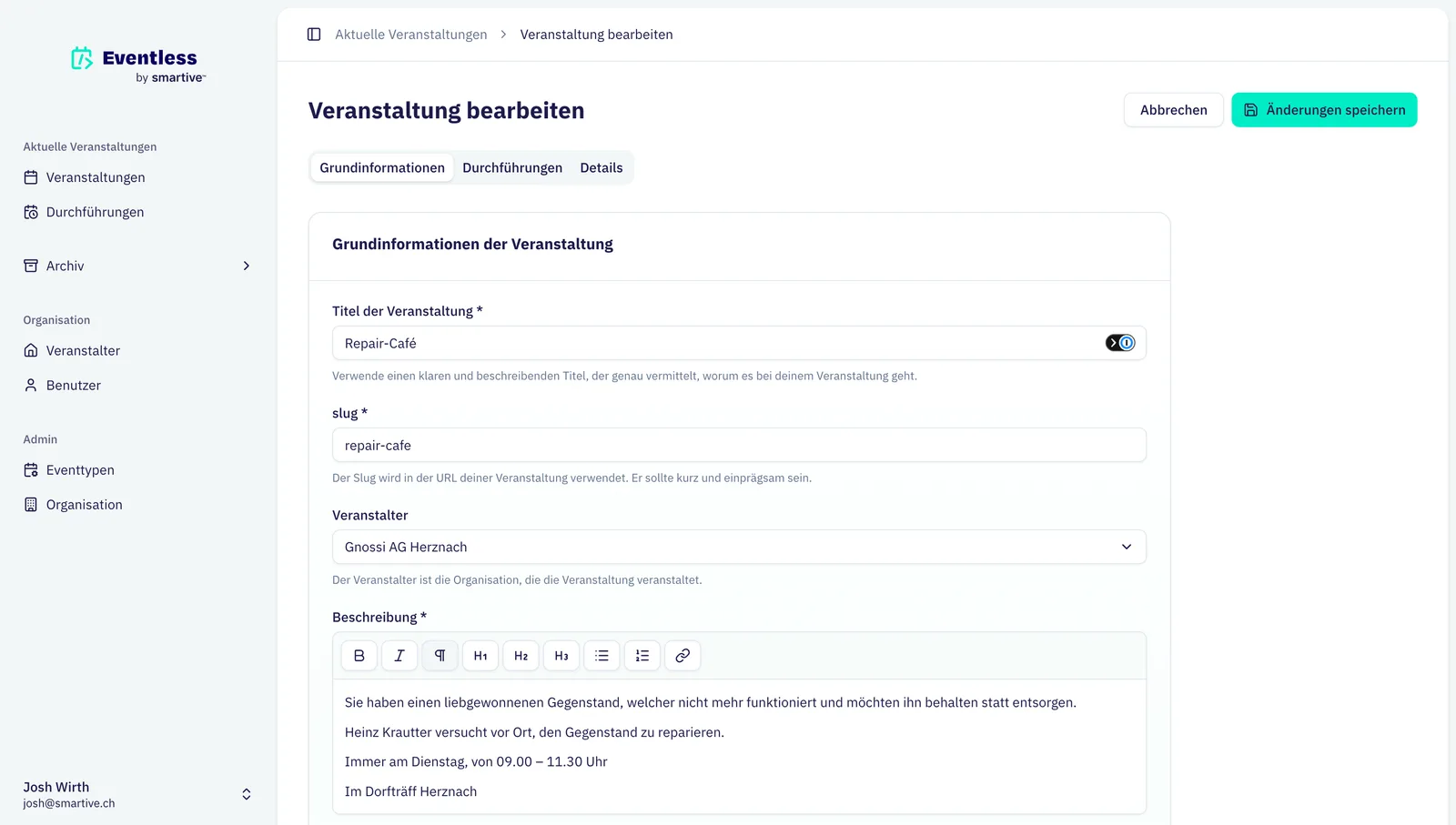 Event editor in Eventless admin