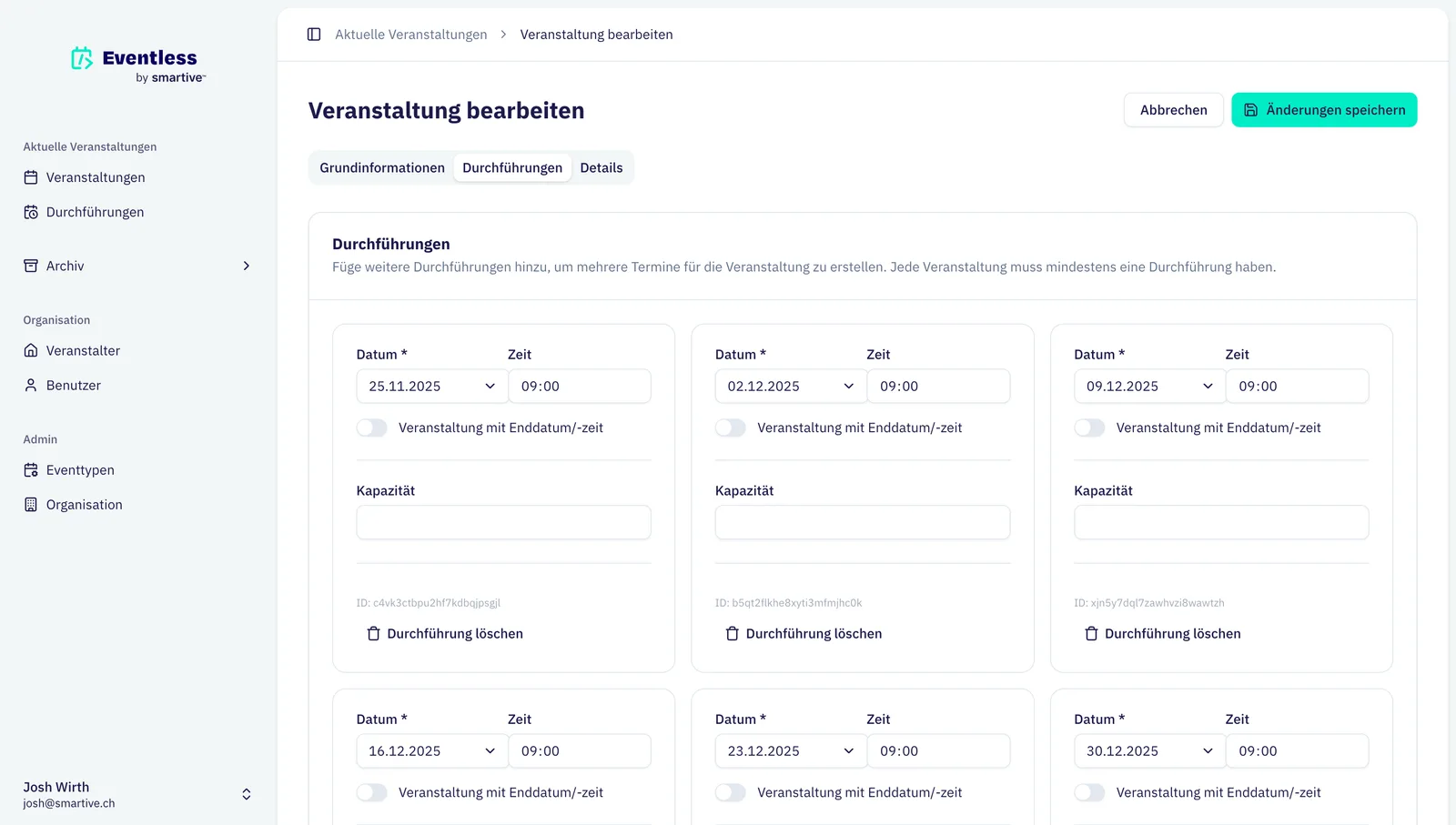 Occurrences in Eventless admin
