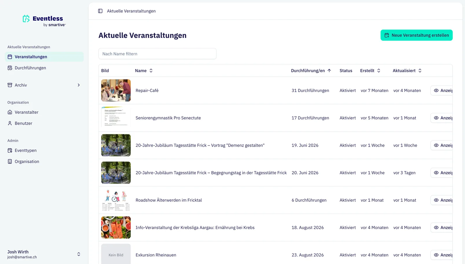 Event overview in Eventless admin for Älterwerden Fricktal