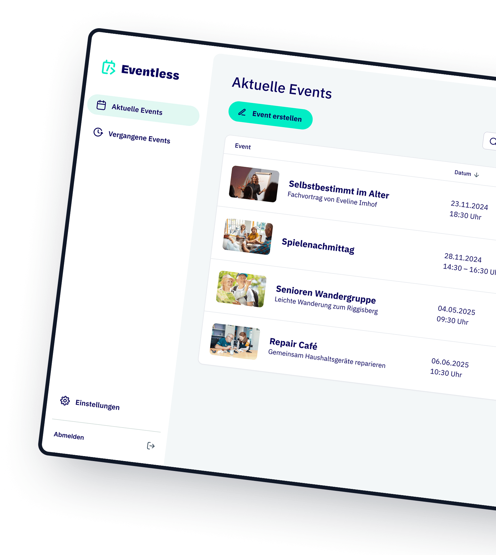 Mockup of a screen showing Eventless